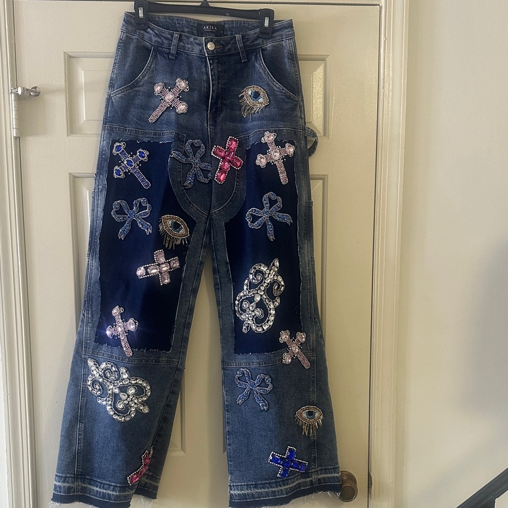 AKIRA Blue Denim Flare Jeans with Pink Embroidery